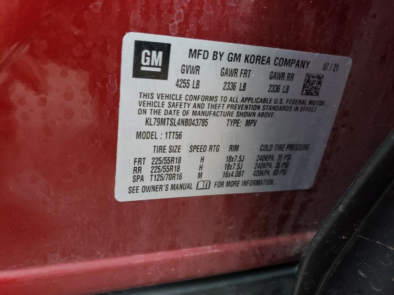 2022 CHEVROLET TRAILBLAZER RS VIN:KL79MTSL4NB043785