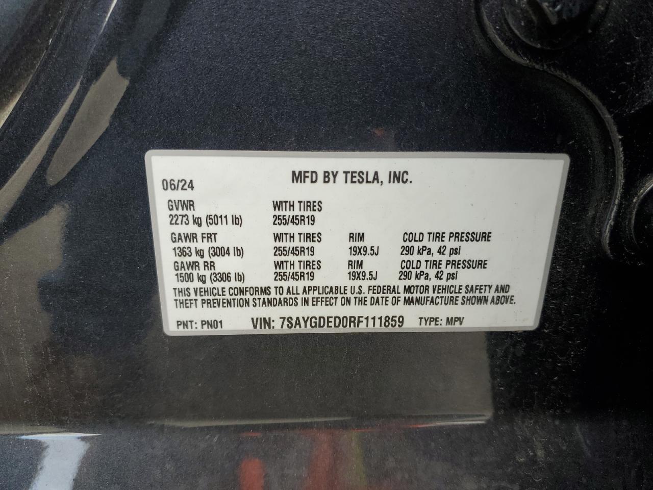 2024 TESLA MODEL Y VIN:7SAYGDED0RF111859