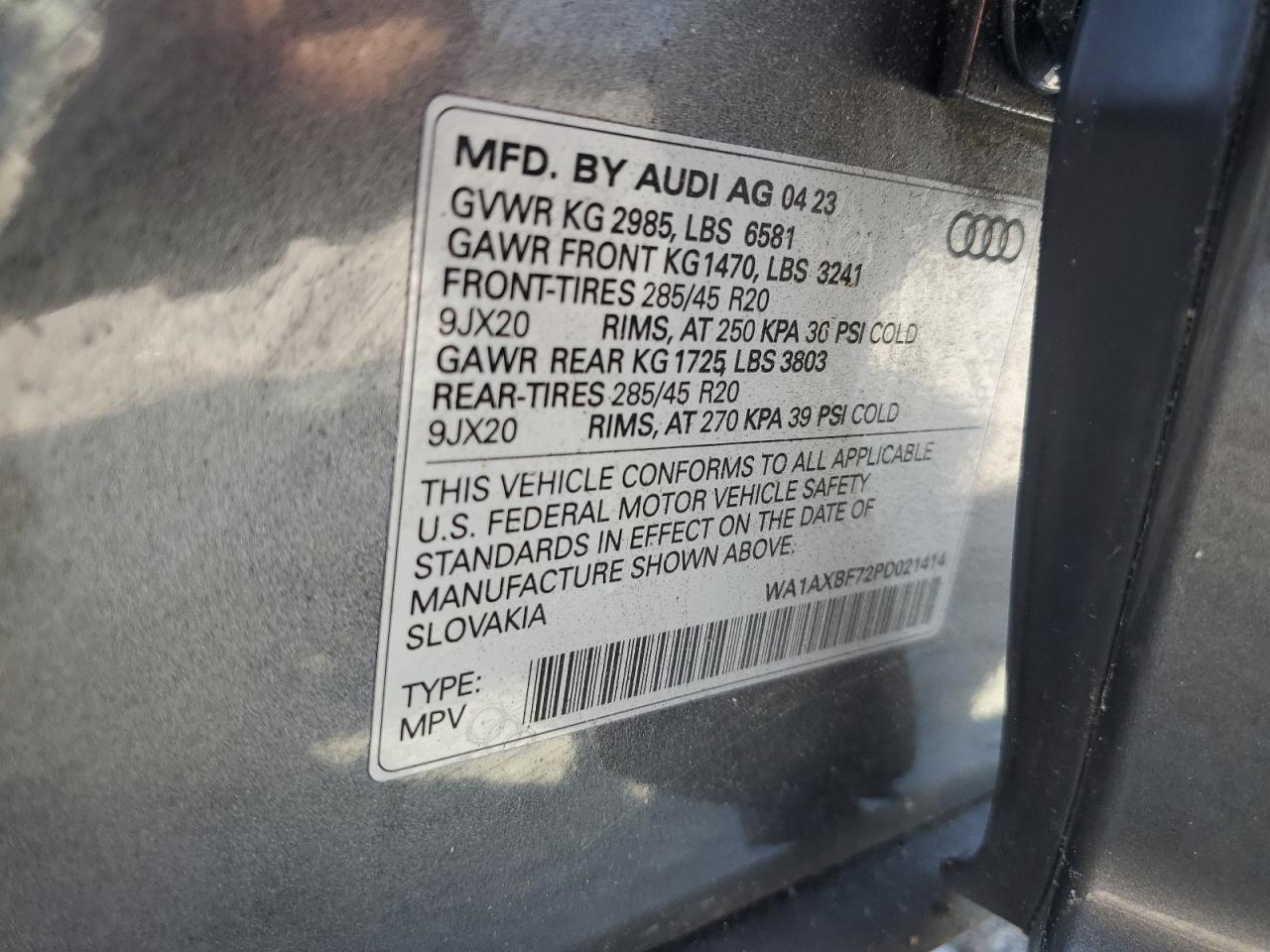 2023 AUDI Q7 PREMIUM VIN:WA1AXBF72PD021414