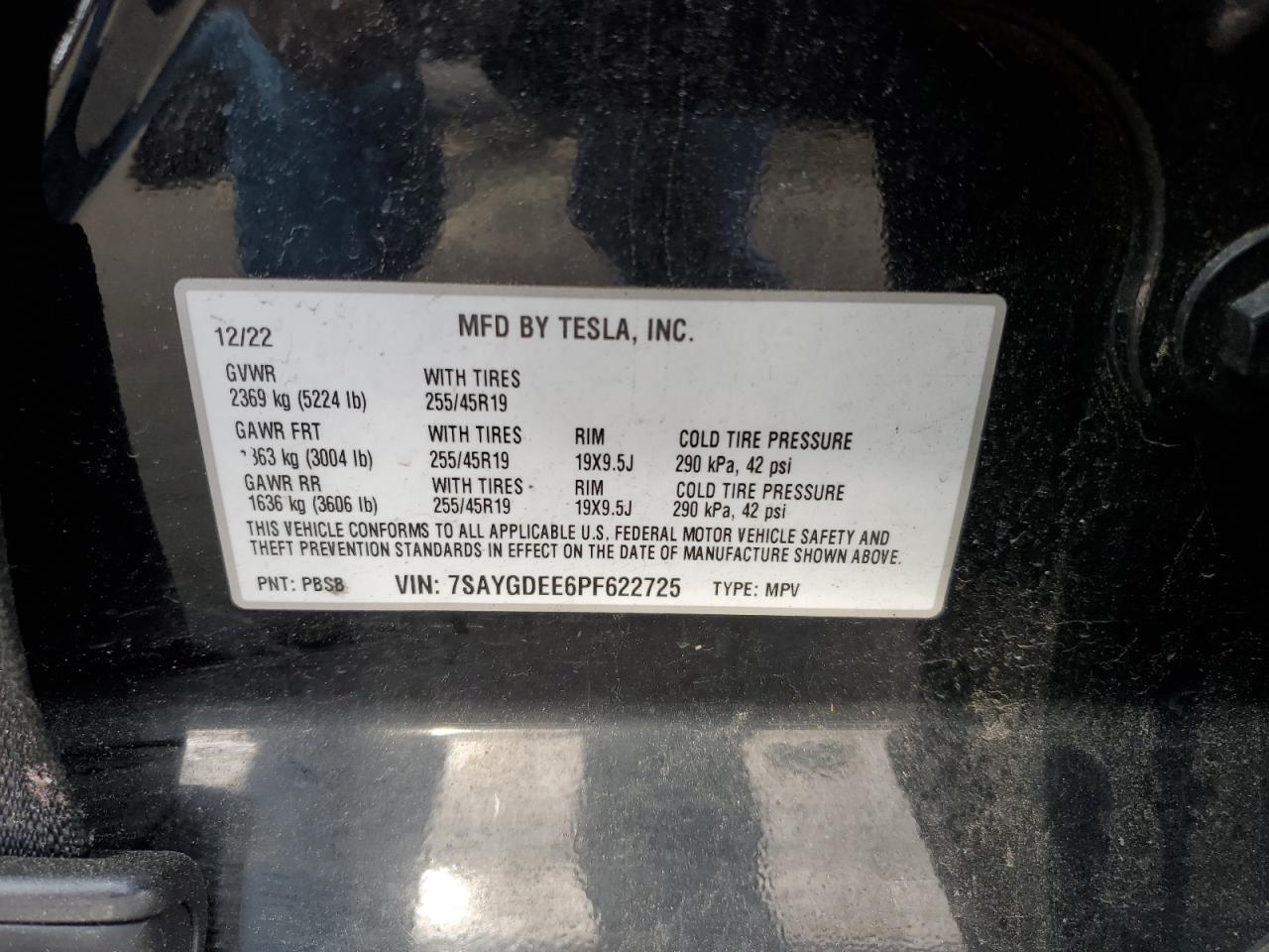 2023 TESLA MODEL Y VIN:7SAYGDEE6PF622725