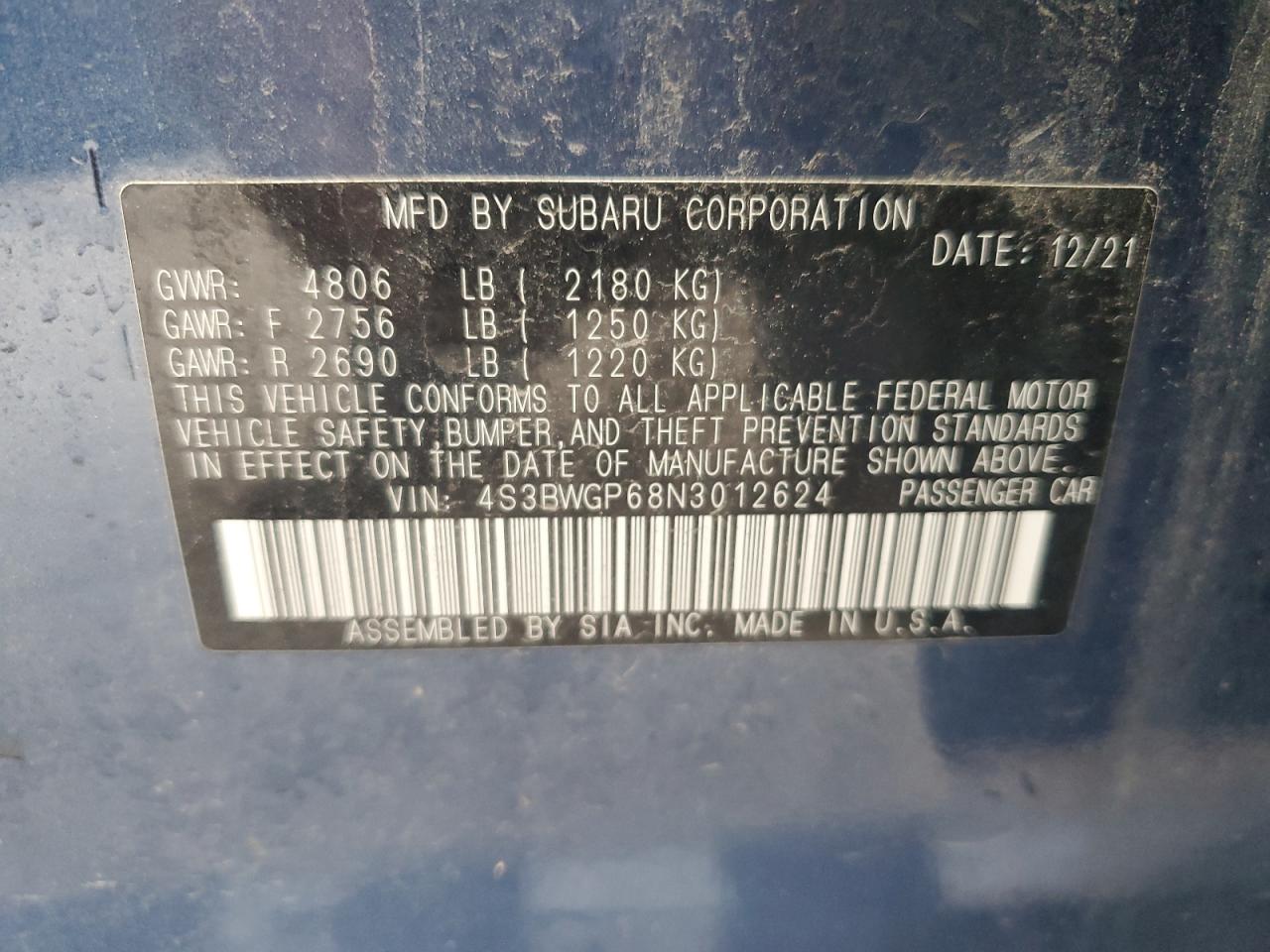 2022 SUBARU LEGACY TOURING XT VIN:4S3BWGP68N3012624