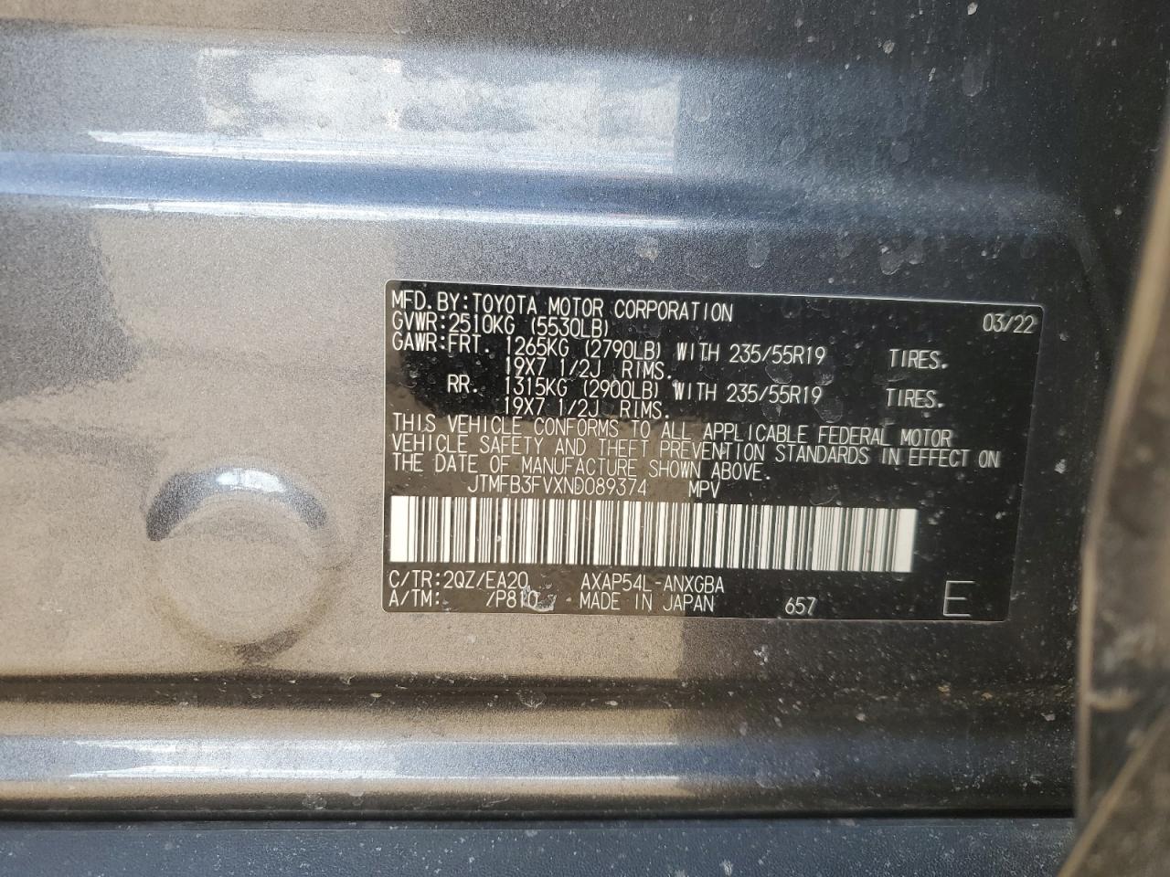 2022 TOYOTA RAV4 PRIME XSE VIN:JTMFB3FVXND089374