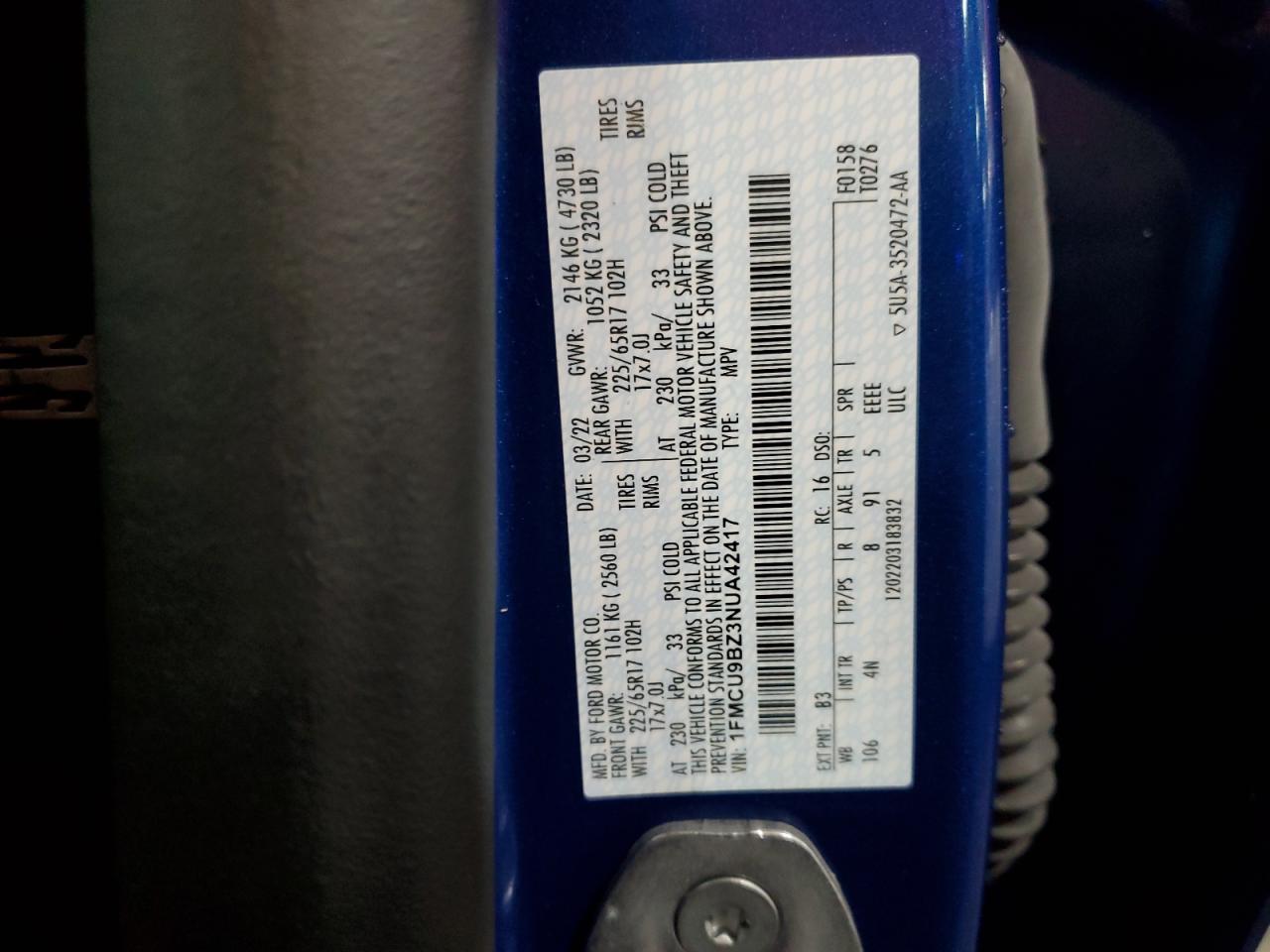 2022 FORD ESCAPE SE VIN:1FMCU9BZ3NUA42417