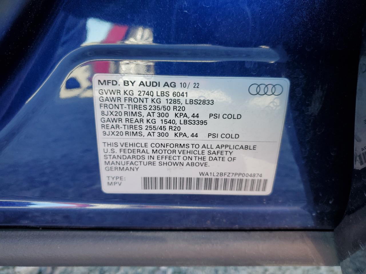 2023 AUDI Q4 E-TRON PREMIUM PLUS VIN:WA1L2BFZ7PP004874