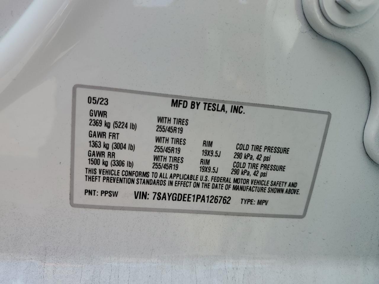 2023 TESLA MODEL Y VIN:7SAYGDEE1PA126762