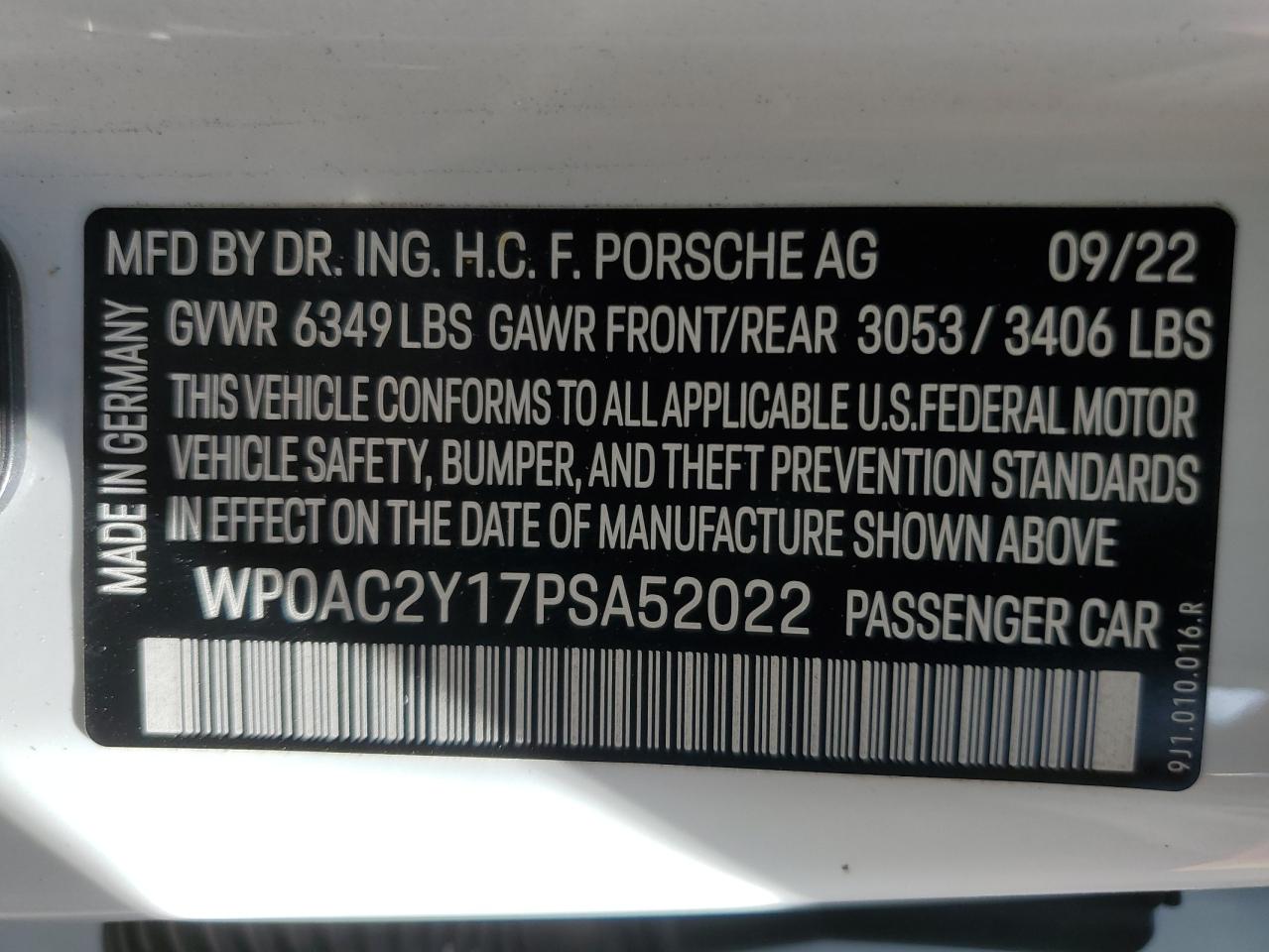 2023 PORSCHE TAYCAN TURBO VIN:WP0AC2Y17PSA52022