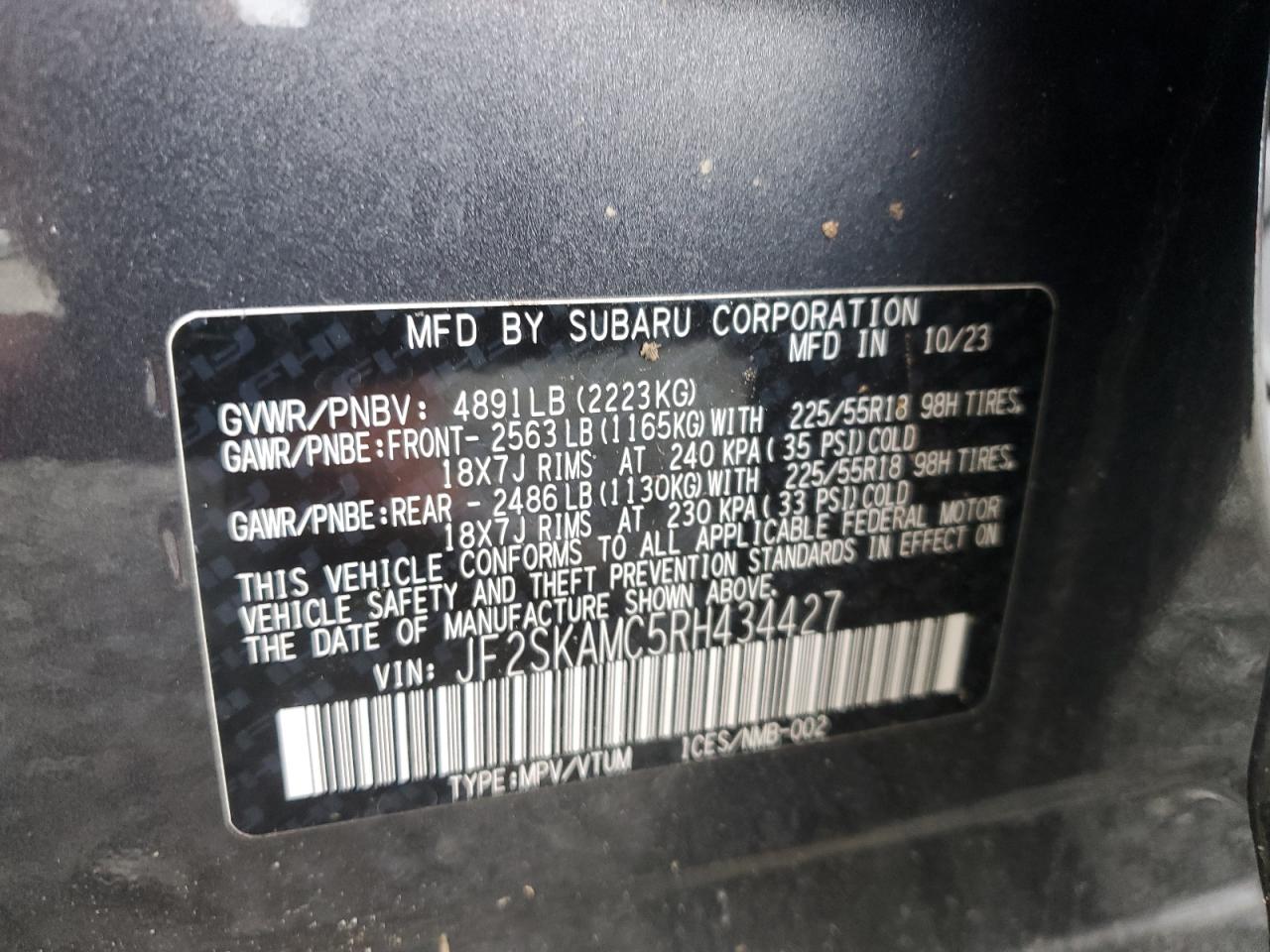 2024 SUBARU FORESTER TOURING VIN:JF2SKAMC5RH434427