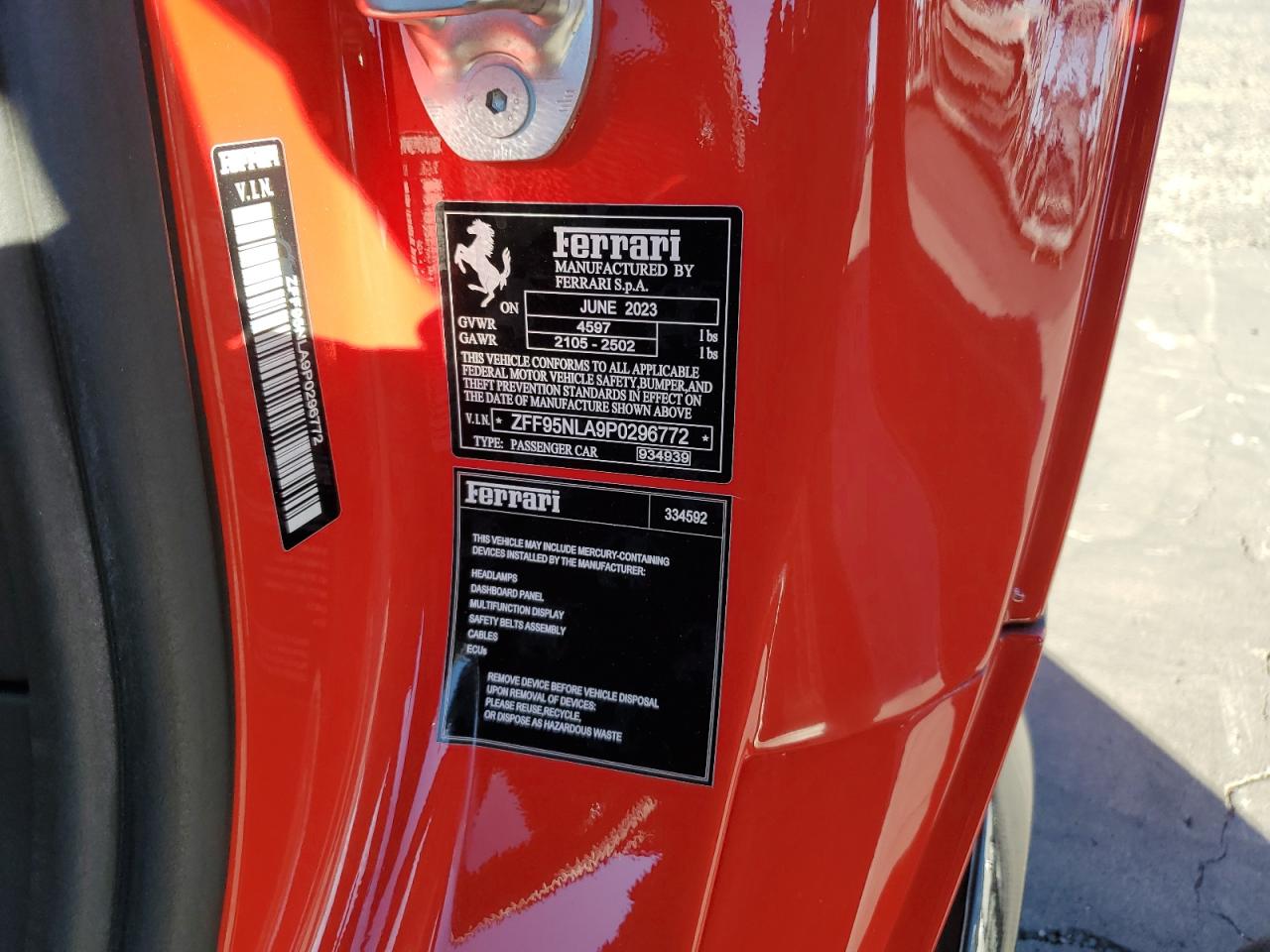 2023 FERRARI SF 90 STRADALE VIN:ZFF95NLA9P0296772