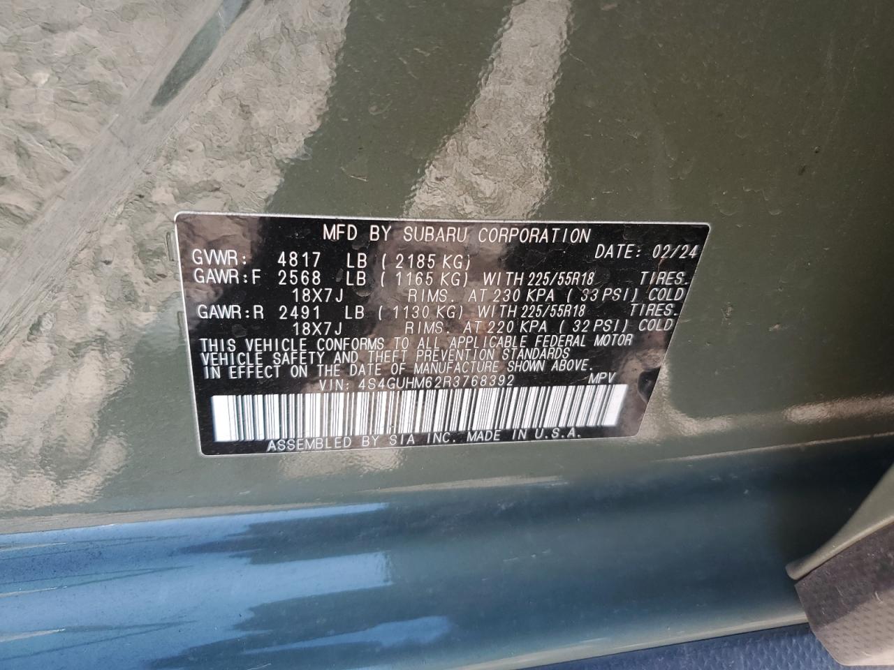 2024 SUBARU CROSSTREK LIMITED VIN:4S4GUHM62R3768392