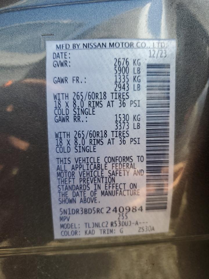 2024 NISSAN PATHFINDER ROCK CREEK VIN:5N1DR3BD5RC240984
