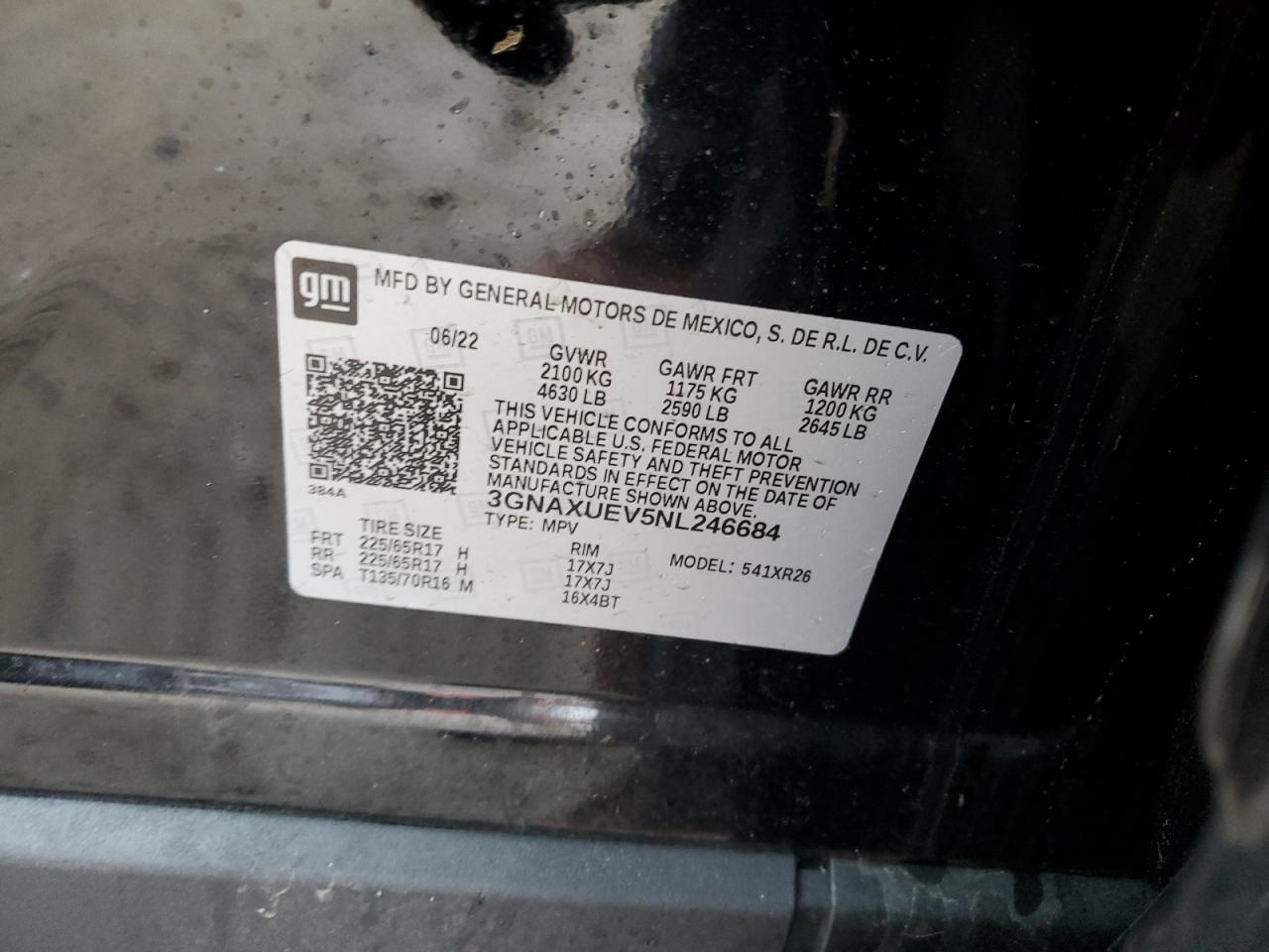 2022 CHEVROLET EQUINOX LT VIN:3GNAXUEV5NL246684