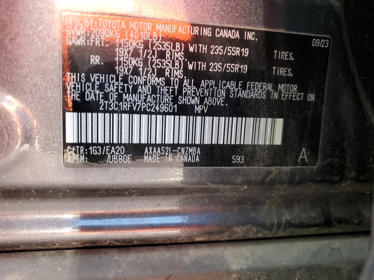 2023 TOYOTA RAV4 XLE PREMIUM VIN:2T3C1RFV7PC249601