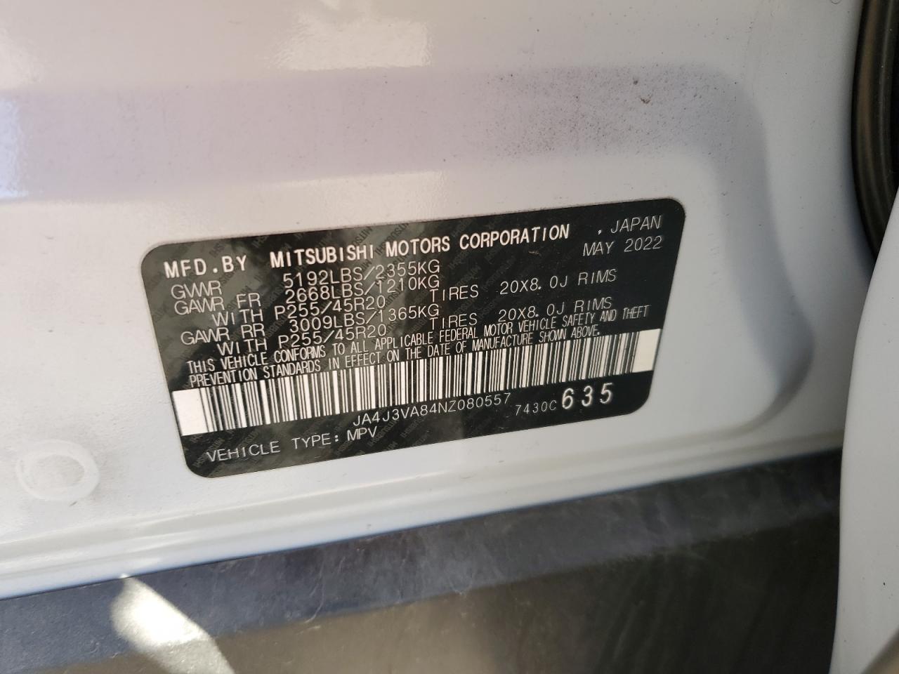 2022 MITSUBISHI OUTLANDER SEL VIN:JA4J3VA84NZ080557