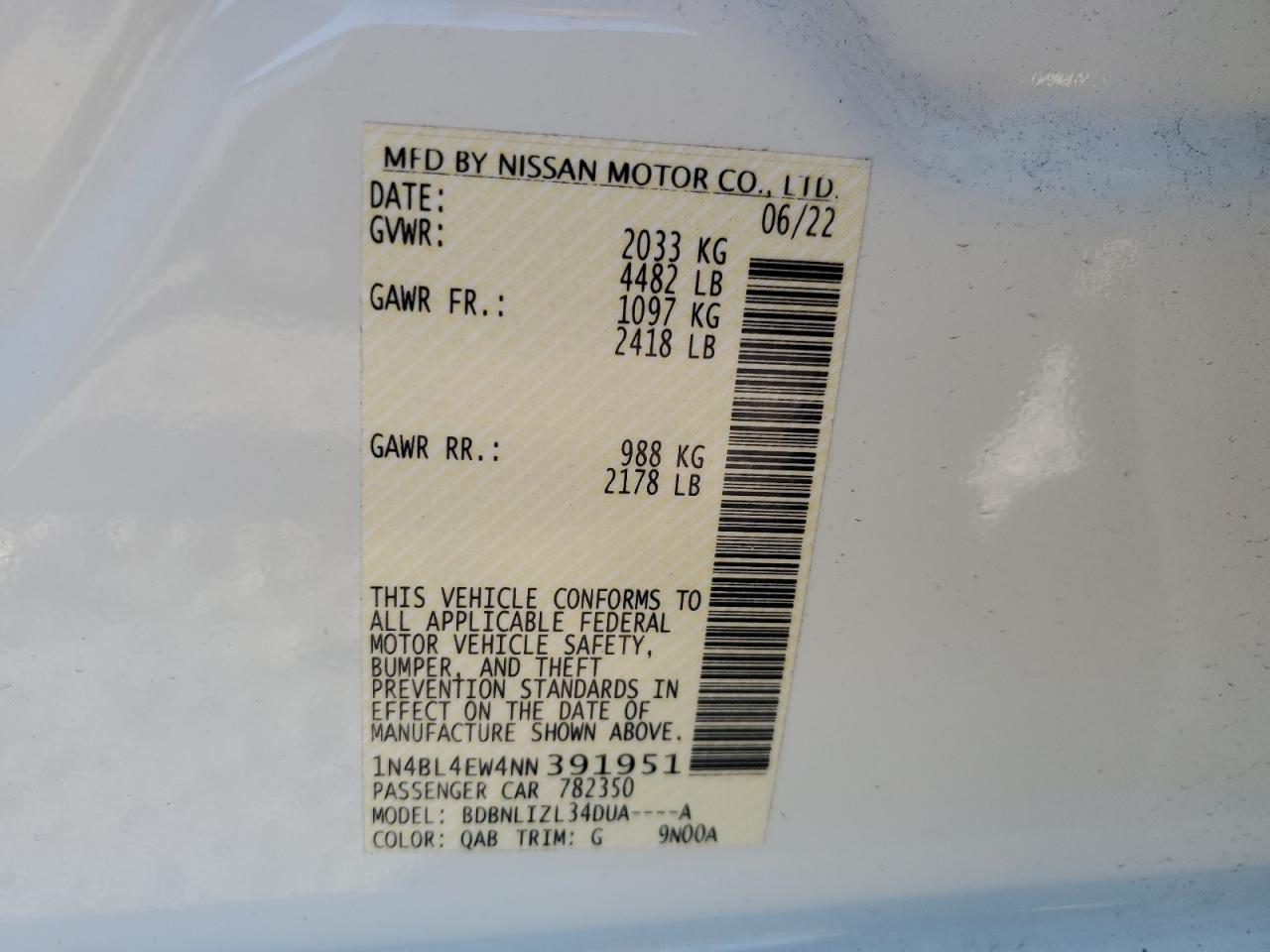 2022 NISSAN ALTIMA SL VIN:1N4BL4EW4NN391951