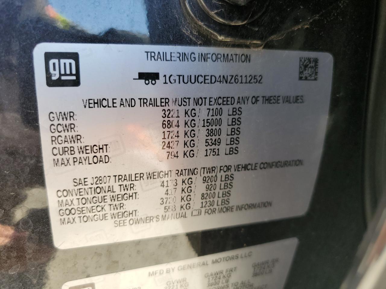 2022 GMC SIERRA K1500 ELEVATION VIN:1GTUUCED4NZ611252