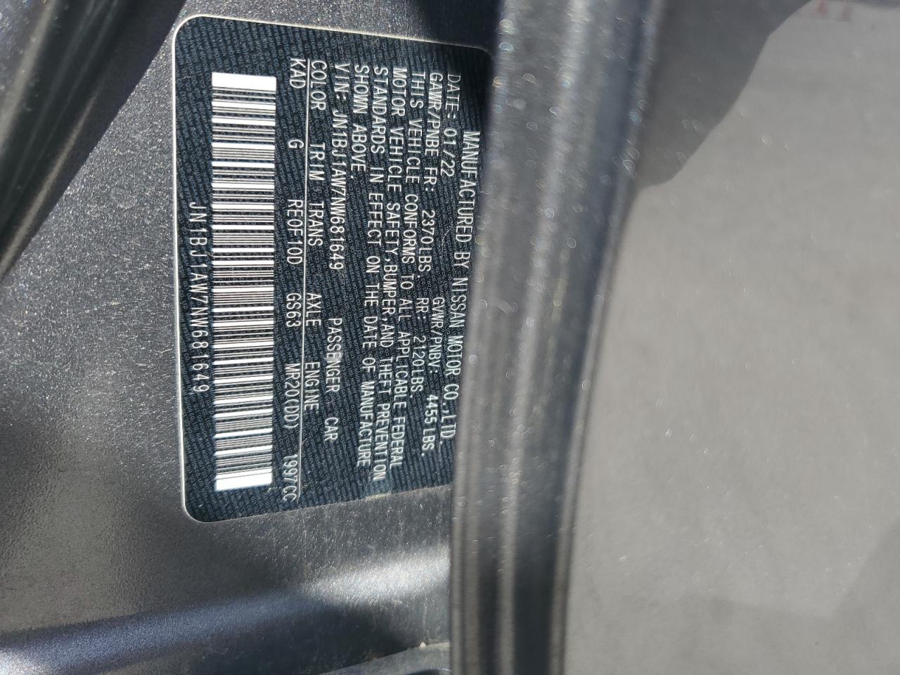 2022 NISSAN ROGUE SPORT S VIN:JN1BJ1AW7NW681649