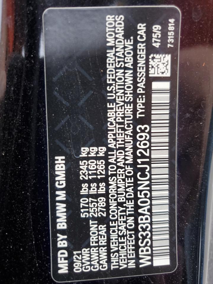 2022 BMW M4 COMPETITION VIN:WBS33BA05NCJ12693