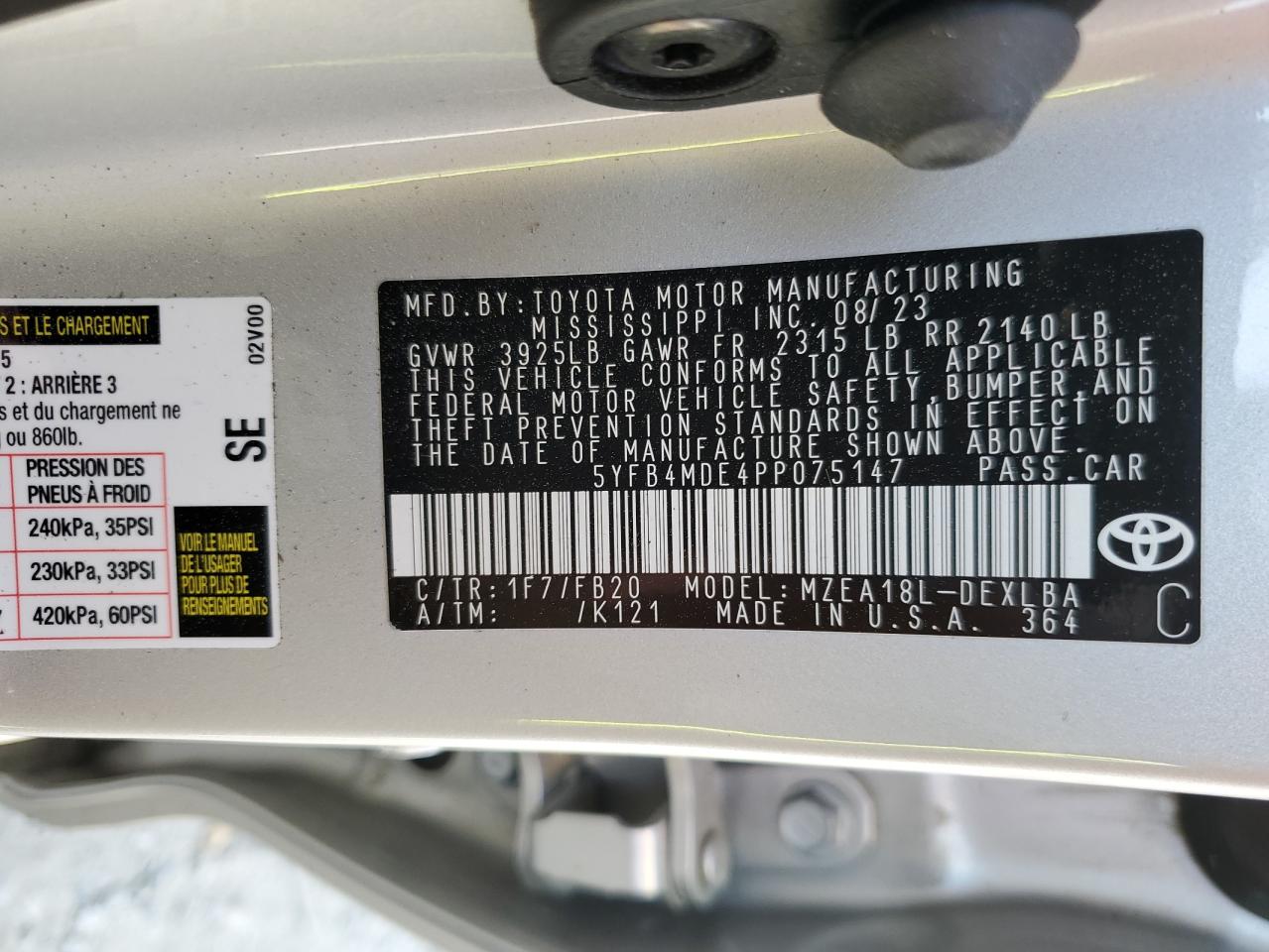 2023 TOYOTA COROLLA LE VIN:5YFB4MDE4PP075147