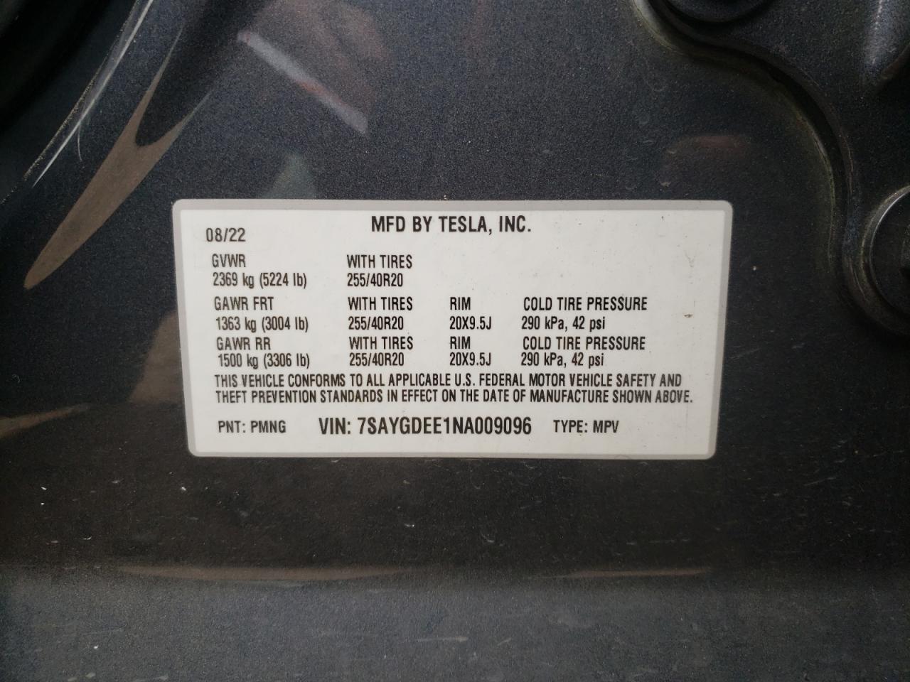 2022 TESLA MODEL Y VIN:7SAYGDEE1NA009096