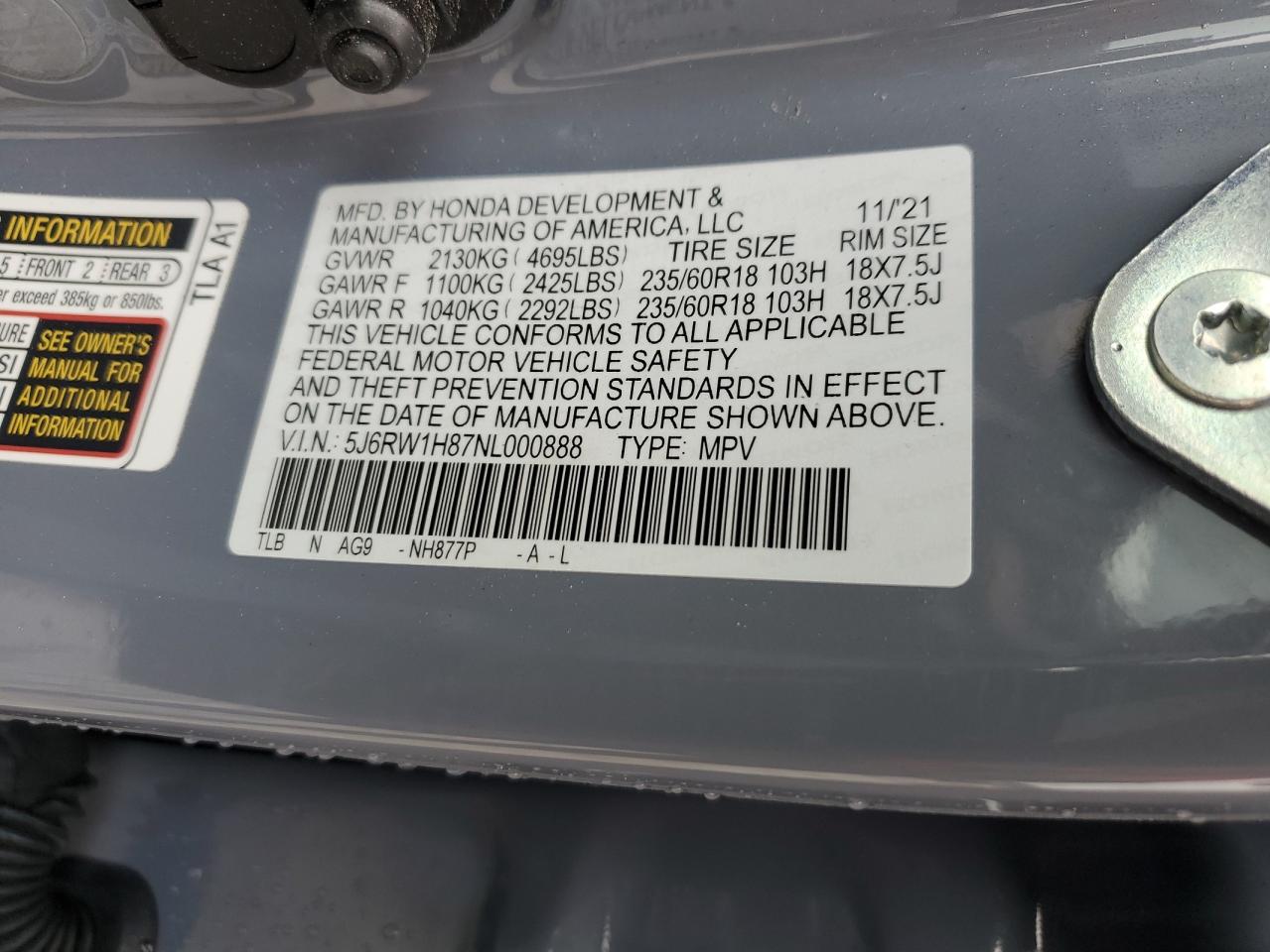 2022 HONDA CR-V EXL VIN:5J6RW1H87NL000888