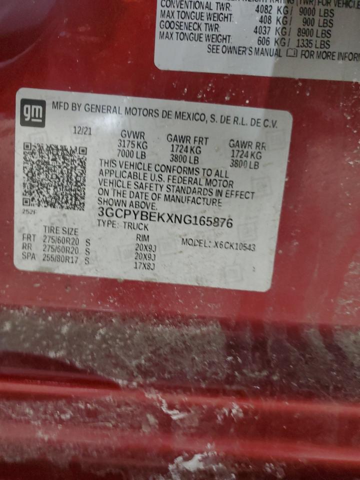 2022 CHEVROLET SILVERADO LTD K1500 CUSTOM VIN:3GCPYBEKXNG165876