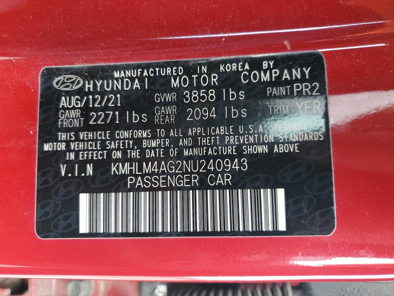 2022 HYUNDAI ELANTRA SEL VIN:KMHLM4AG2NU240943