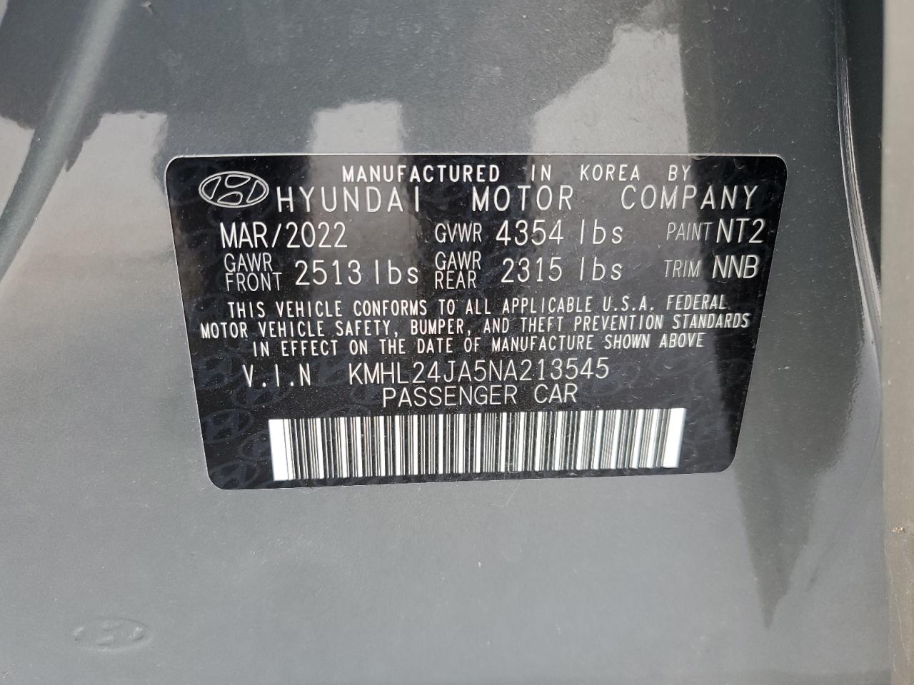 2022 HYUNDAI SONATA SE VIN:KMHL24JA5NA213545