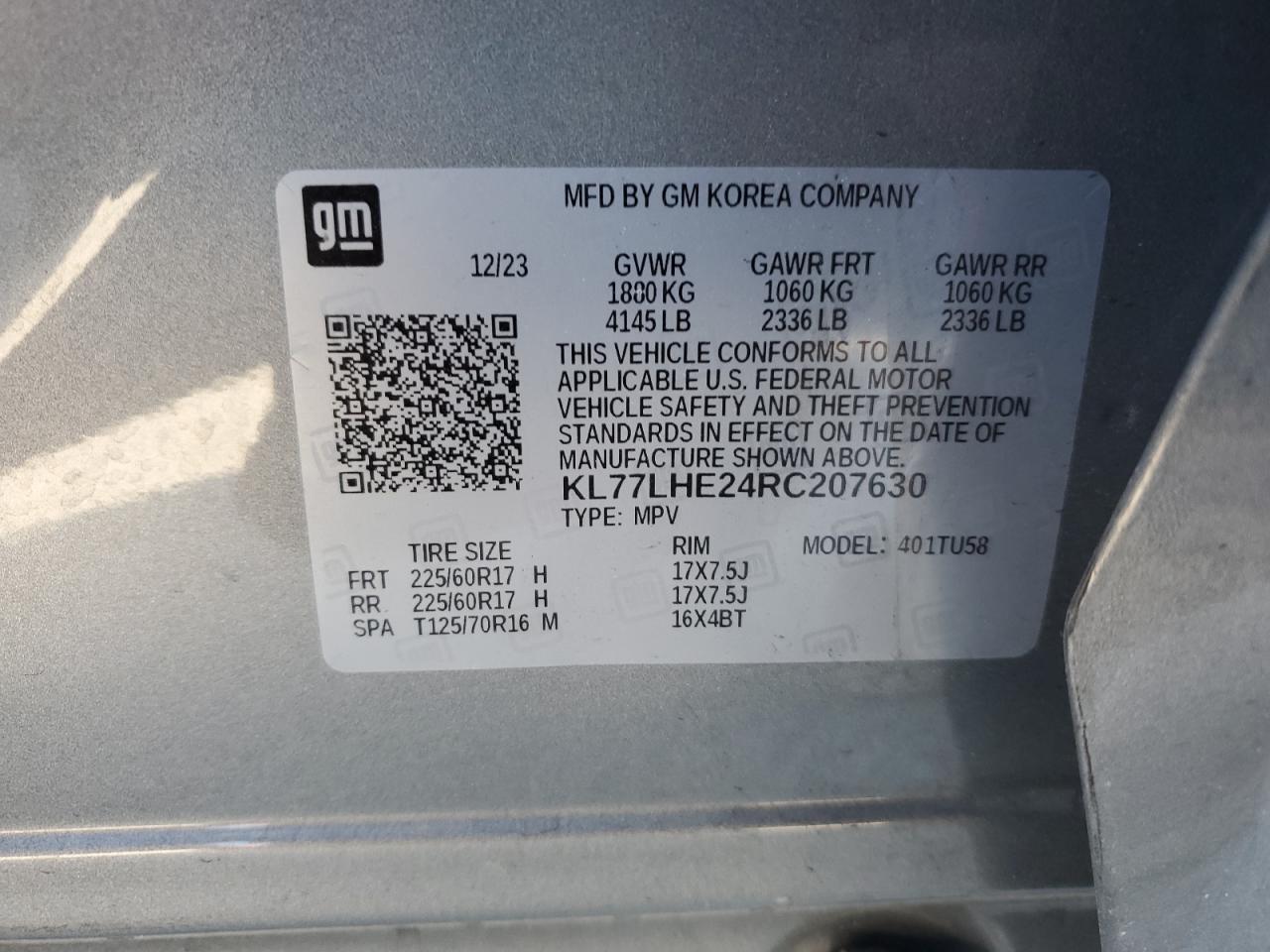 2024 CHEVROLET TRAX 1LT VIN:KL77LHE24RC207630