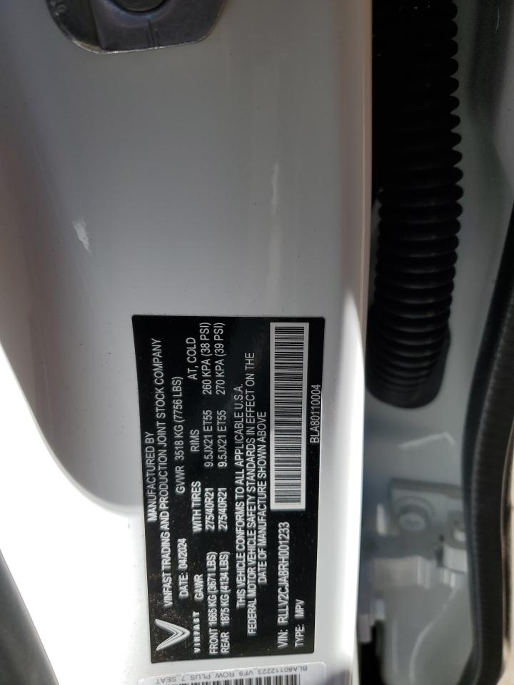 2024 VINFAST TRADING AND PRODUCTION LLC VF 9 PLUS VIN:RLLV2CJA8RH001233