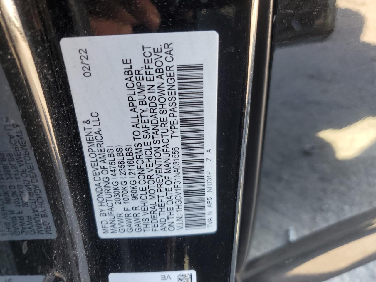 2022 HONDA ACCORD SPORT VIN:1HGCV1F31NA031556