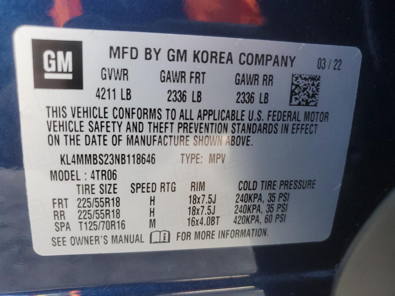 2022 BUICK ENCORE GX PREFERRED VIN:KL4MMBS23NB118646