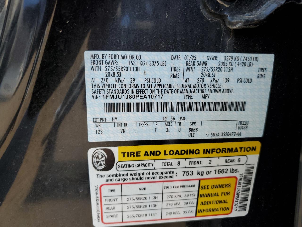 2023 FORD EXPEDITION XLT VIN:1FMJU1J80PEA10717