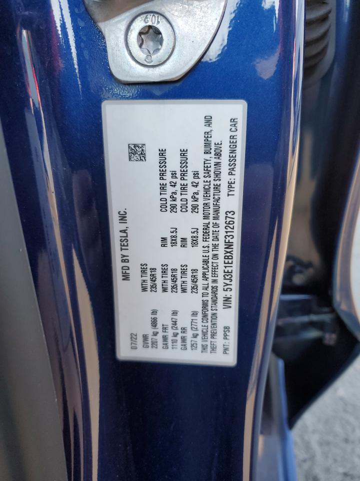 2022 TESLA MODEL 3 VIN:5YJ3E1EBXNF312673