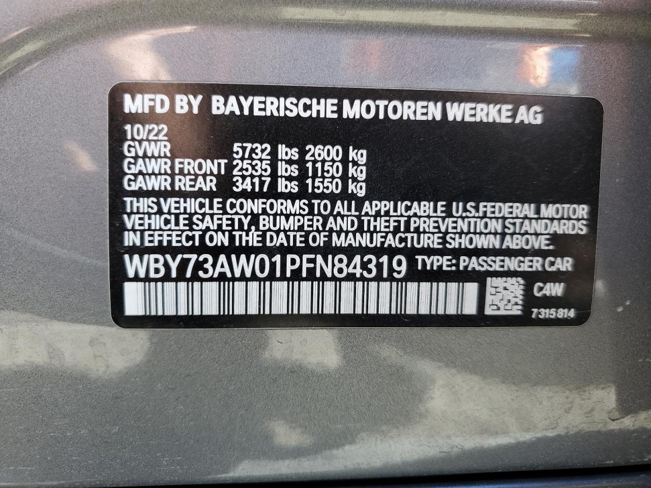 2023 BMW I4 EDRIVE40 VIN:WBY73AW01PFN84319