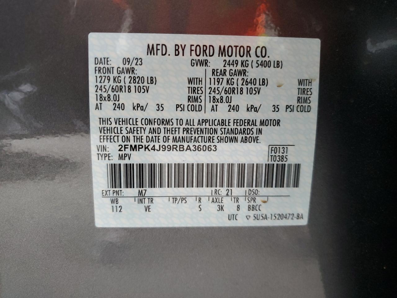 2024 FORD EDGE SEL VIN:2FMPK4J99RBA36063