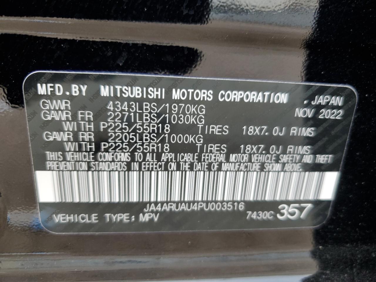 2023 MITSUBISHI OUTLANDER SPORT S/SE VIN:JA4ARUAU4PU003516