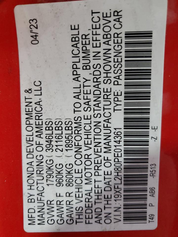 2023 HONDA CIVIC SPORT VIN:19XFL2H80PE014361