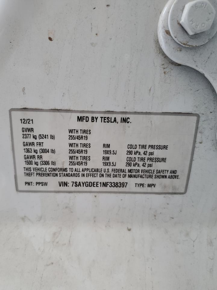 2022 TESLA MODEL Y VIN:7SAYGDEE1NF338397