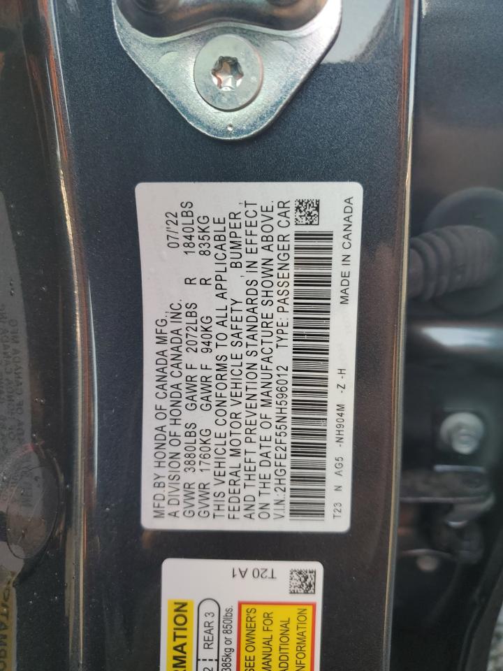 2022 HONDA CIVIC SPORT VIN:2HGFE2F55NH596012