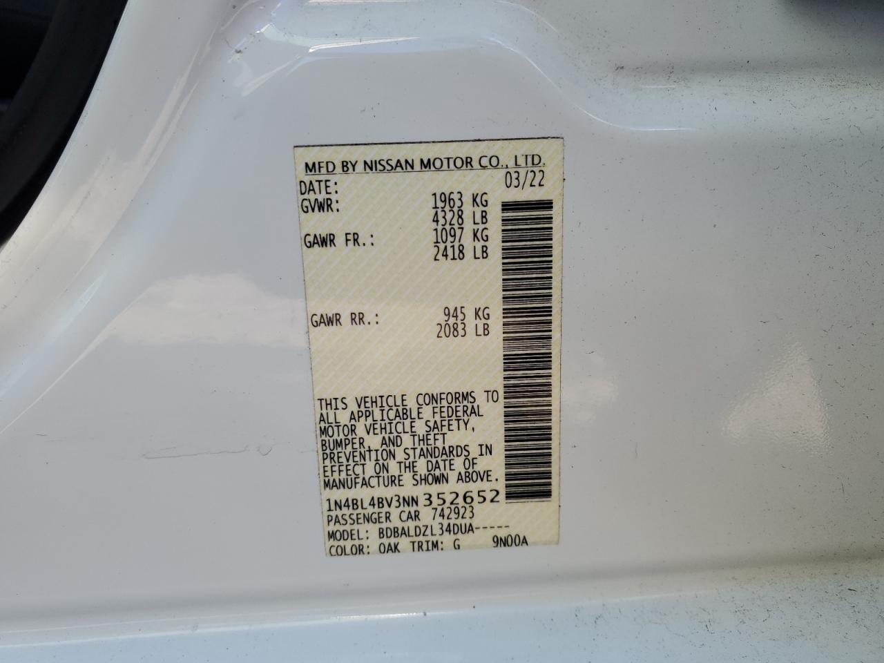 2022 NISSAN ALTIMA S VIN:1N4BL4BV3NN352652