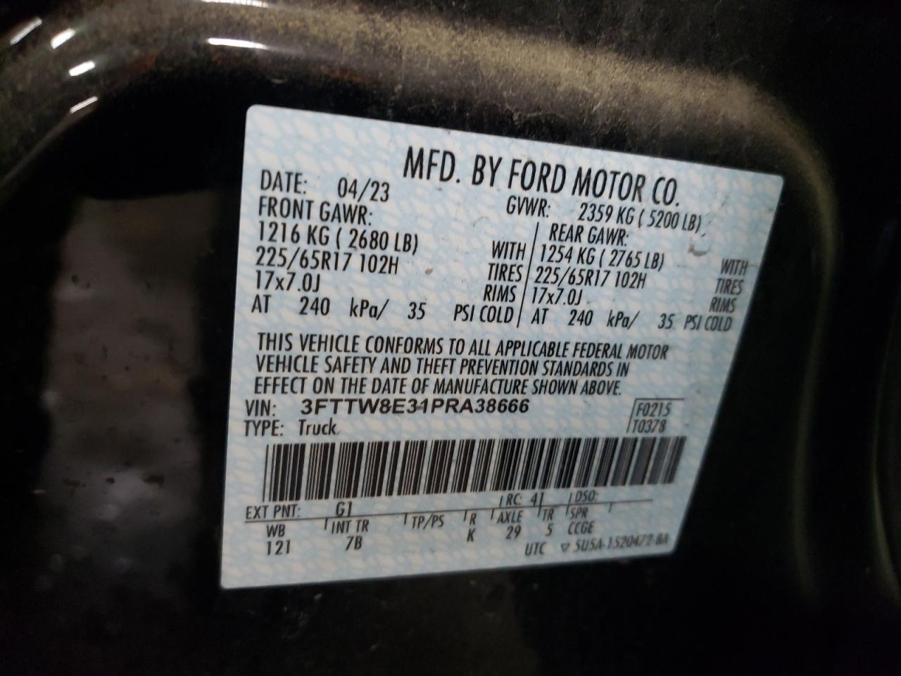 2023 FORD MAVERICK XL VIN:3FTTW8E31PRA38666