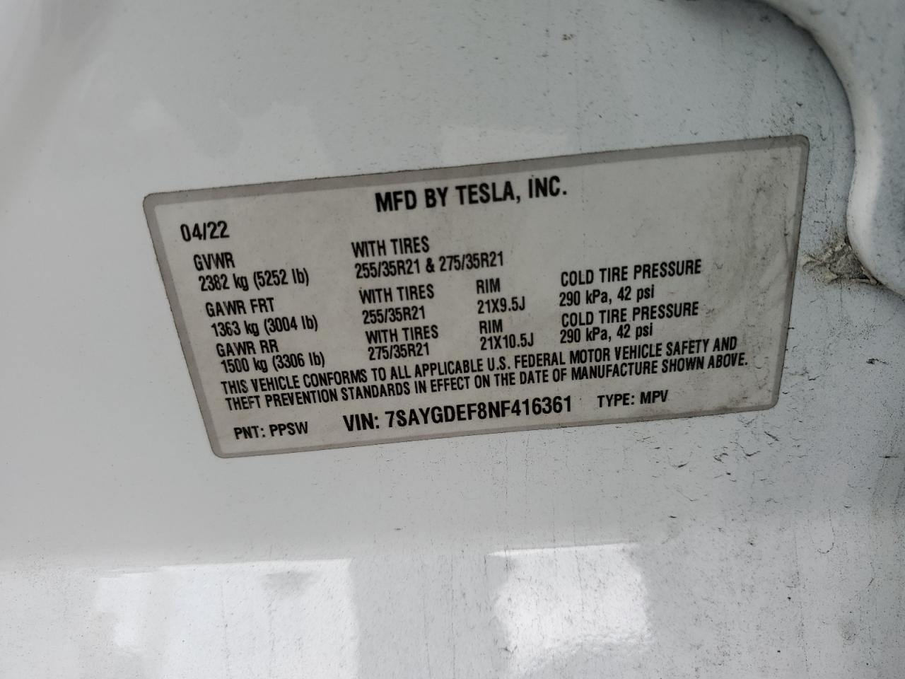 2022 TESLA MODEL Y VIN:7SAYGDEF8NF416361