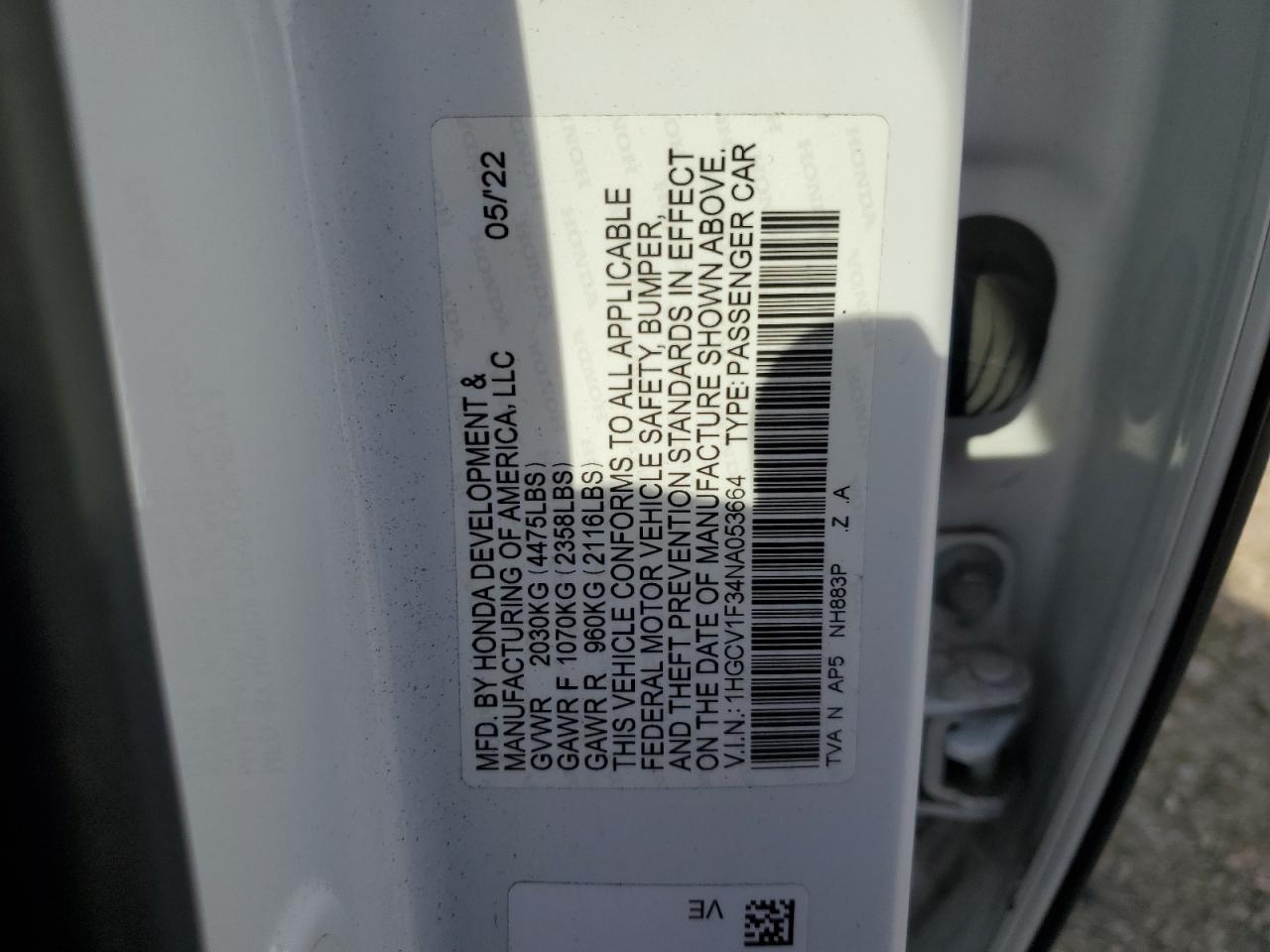 2022 HONDA ACCORD SPORT VIN:1HGCV1F34NA053664