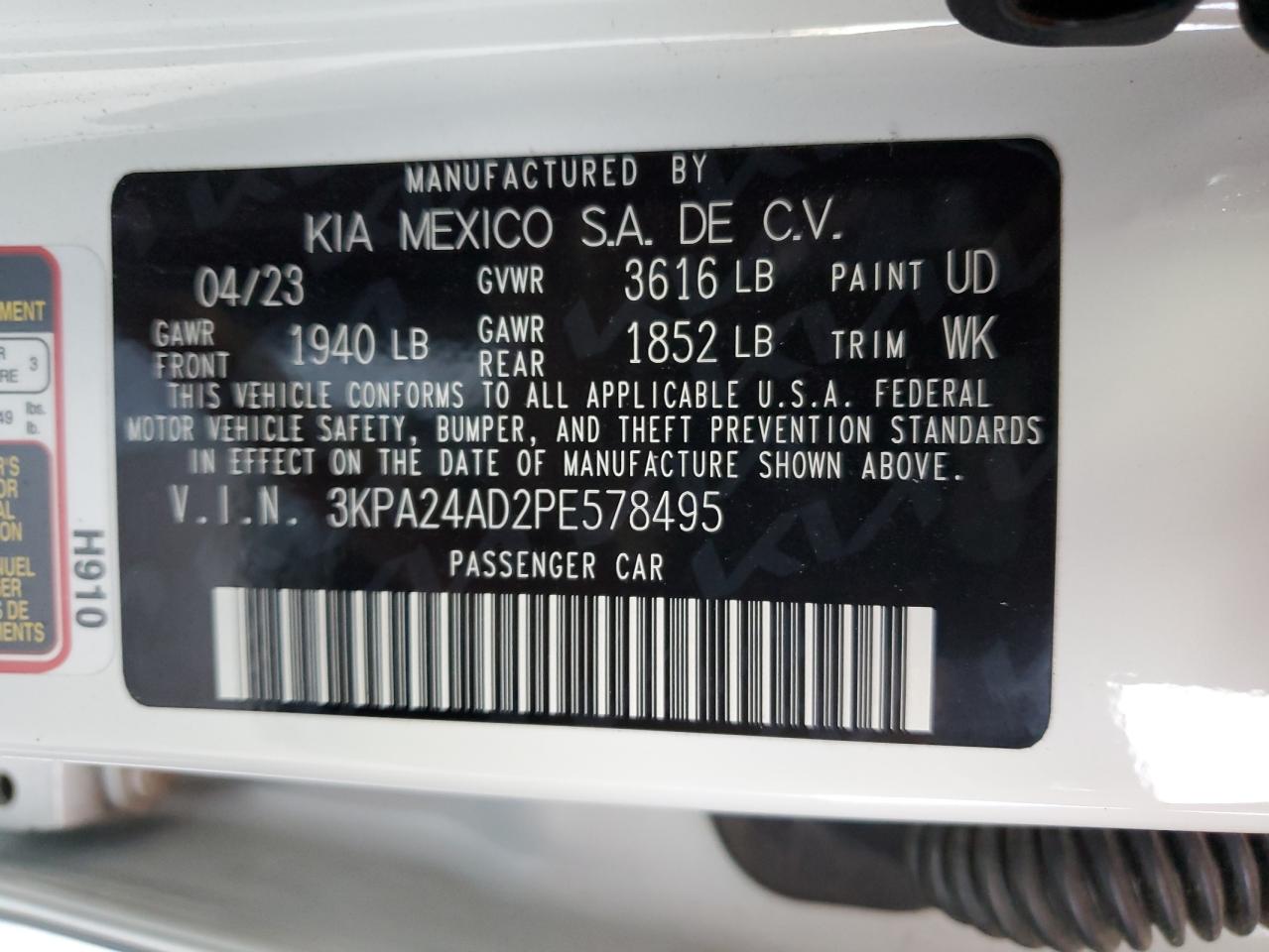 2023 KIA RIO LX VIN:3KPA24AD2PE578495