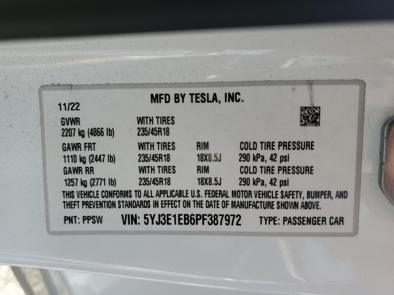 2023 TESLA MODEL 3 VIN:5YJ3E1EB6PF387972