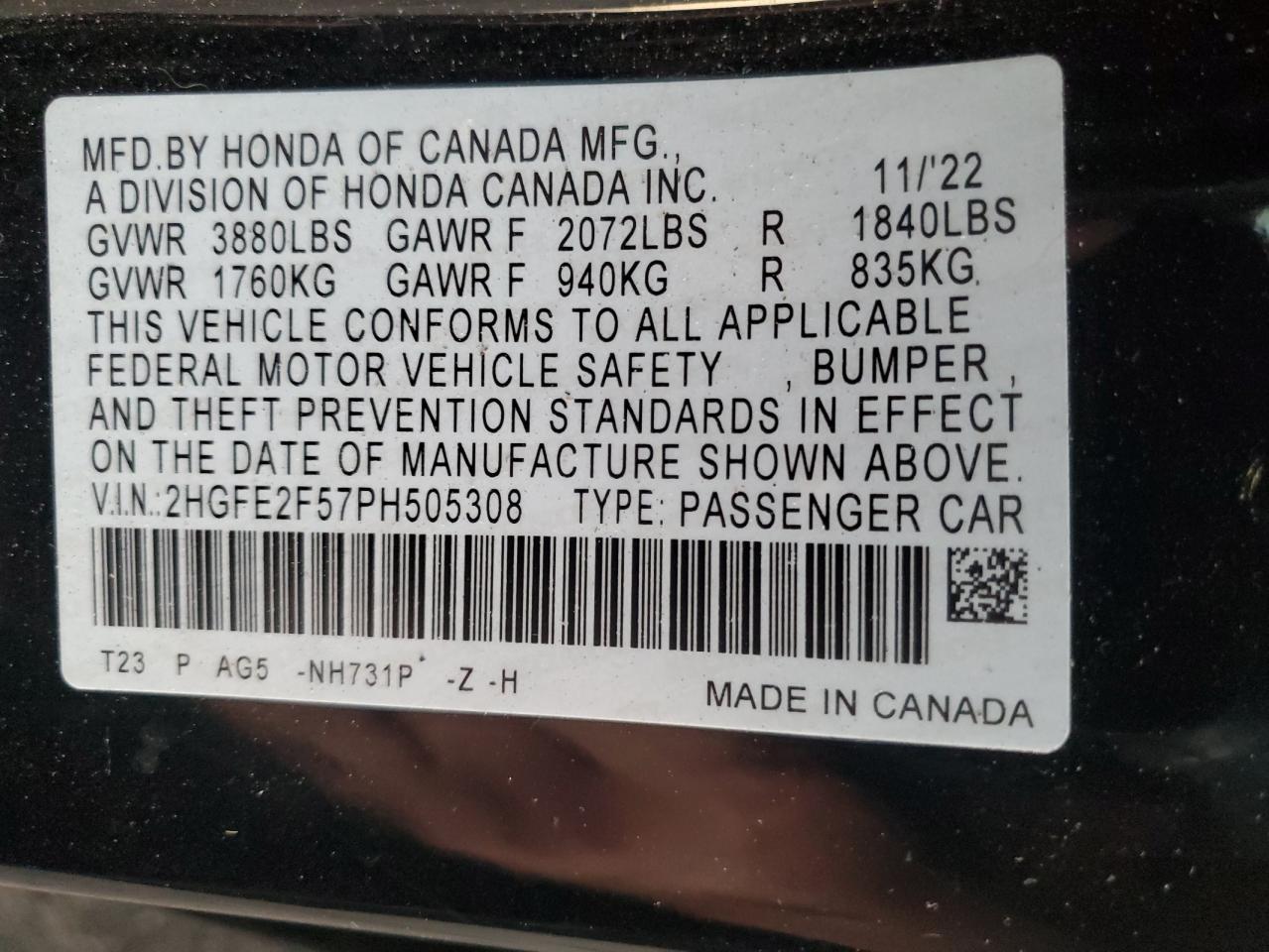 2023 HONDA CIVIC SPORT VIN:2HGFE2F57PH505308