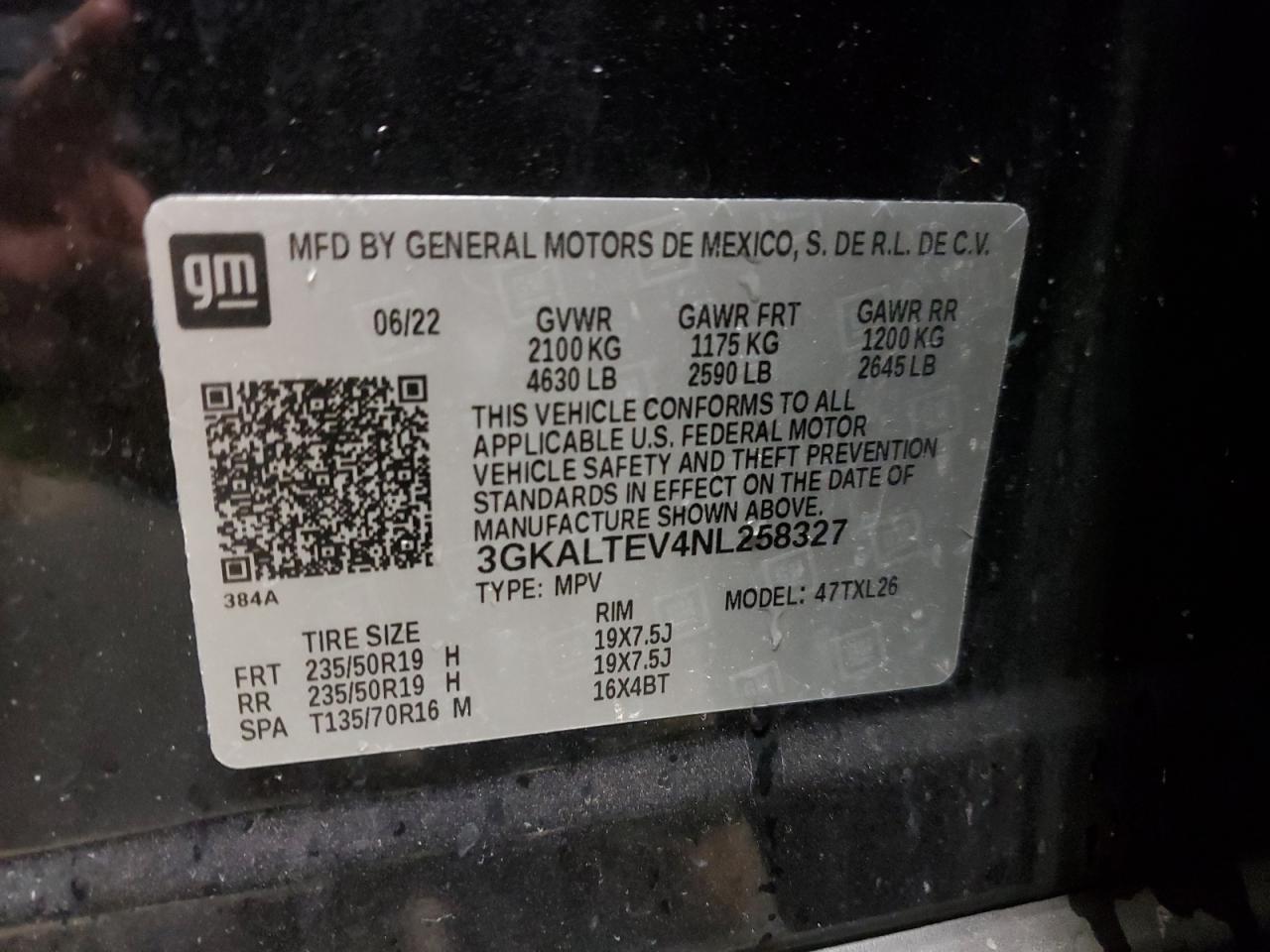 2022 GMC TERRAIN SLE VIN:3GKALTEV4NL258327