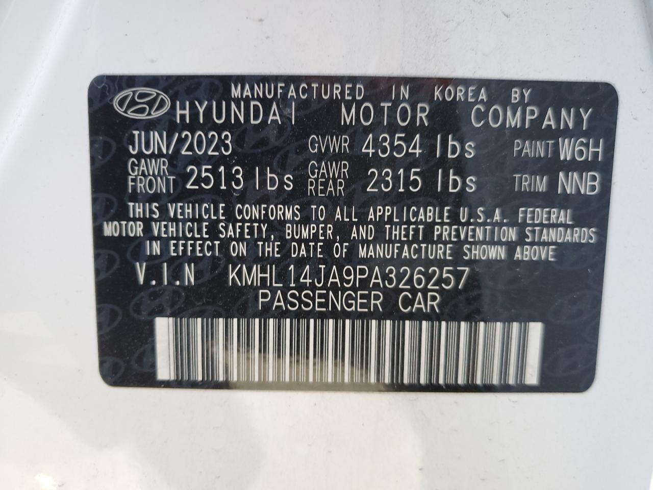 2023 HYUNDAI SONATA SEL VIN:KMHL14JA9PA326257