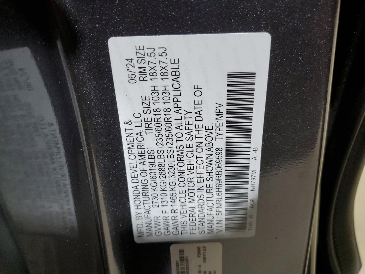 2024 HONDA ODYSSEY EXL VIN:5FNRL6H69RB069598