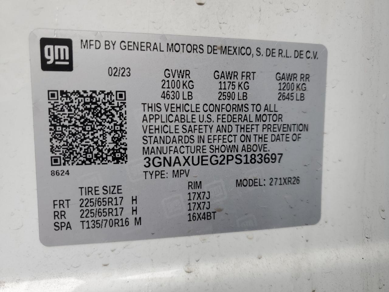 2023 CHEVROLET EQUINOX LT VIN:3GNAXUEG2PS183697